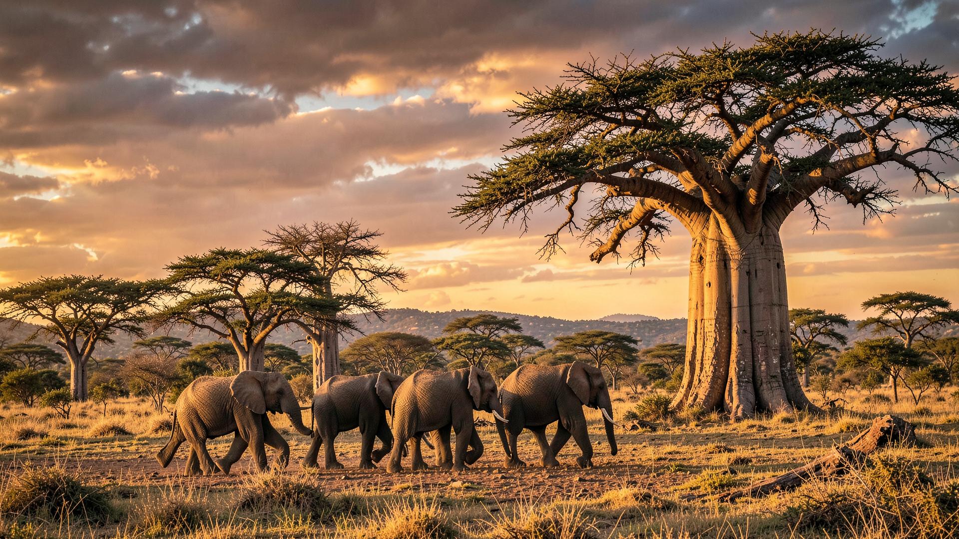 Elephant herd walking past baobab trees in Tanzania at sunset