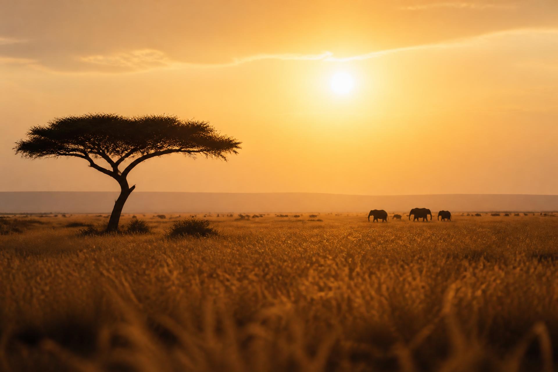 Golden hour over the Serengeti plains with a lone acacia and distant elephants