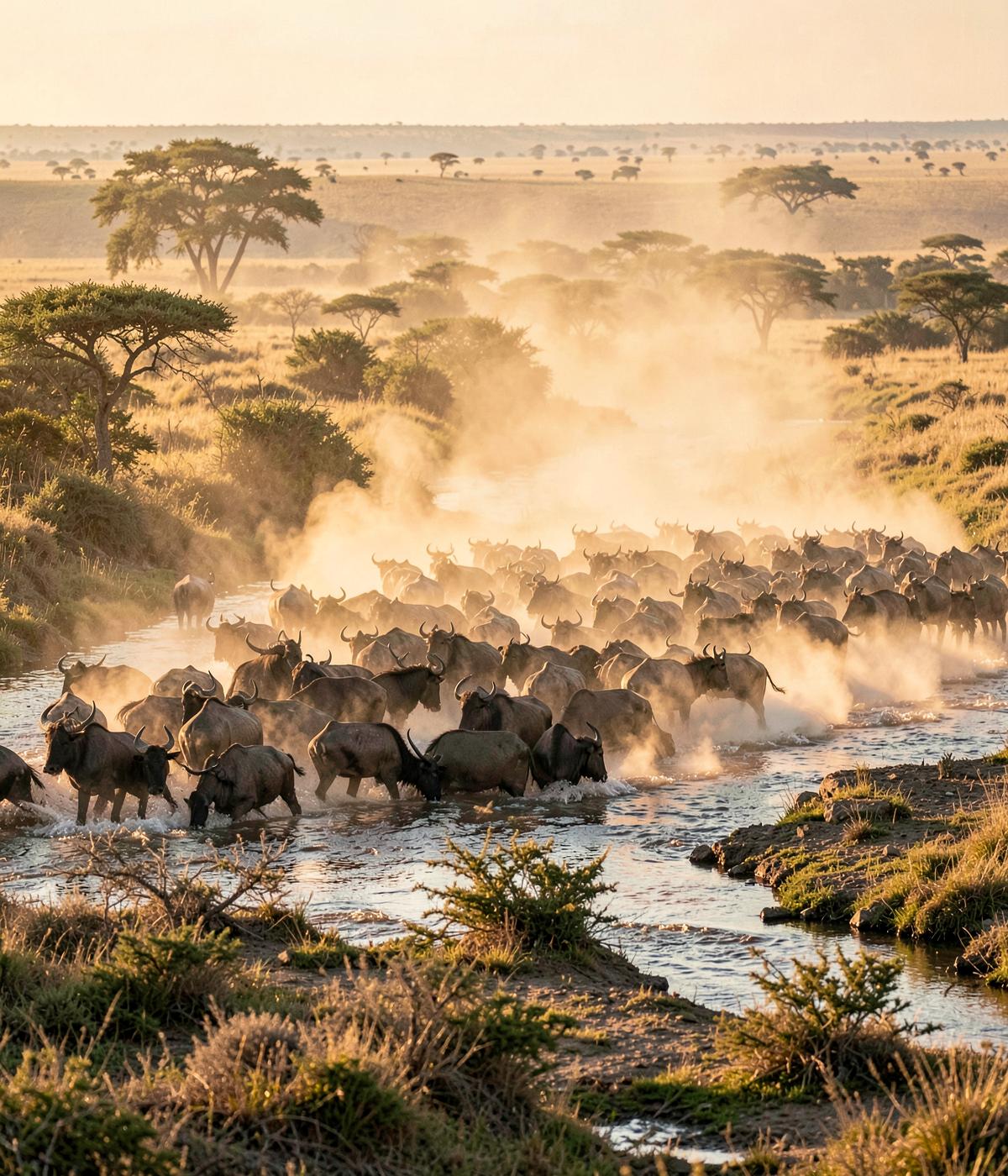 Wildebeest herd crossing a Serengeti river in golden dust
