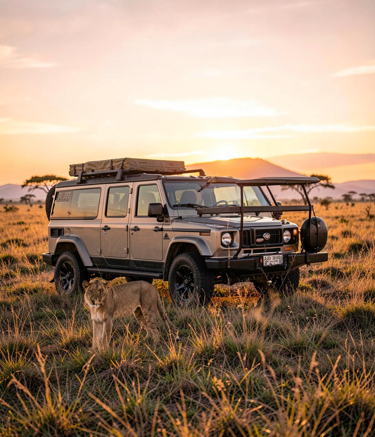 Private safari vehicle on the Serengeti plains at sunset with a lioness nearby