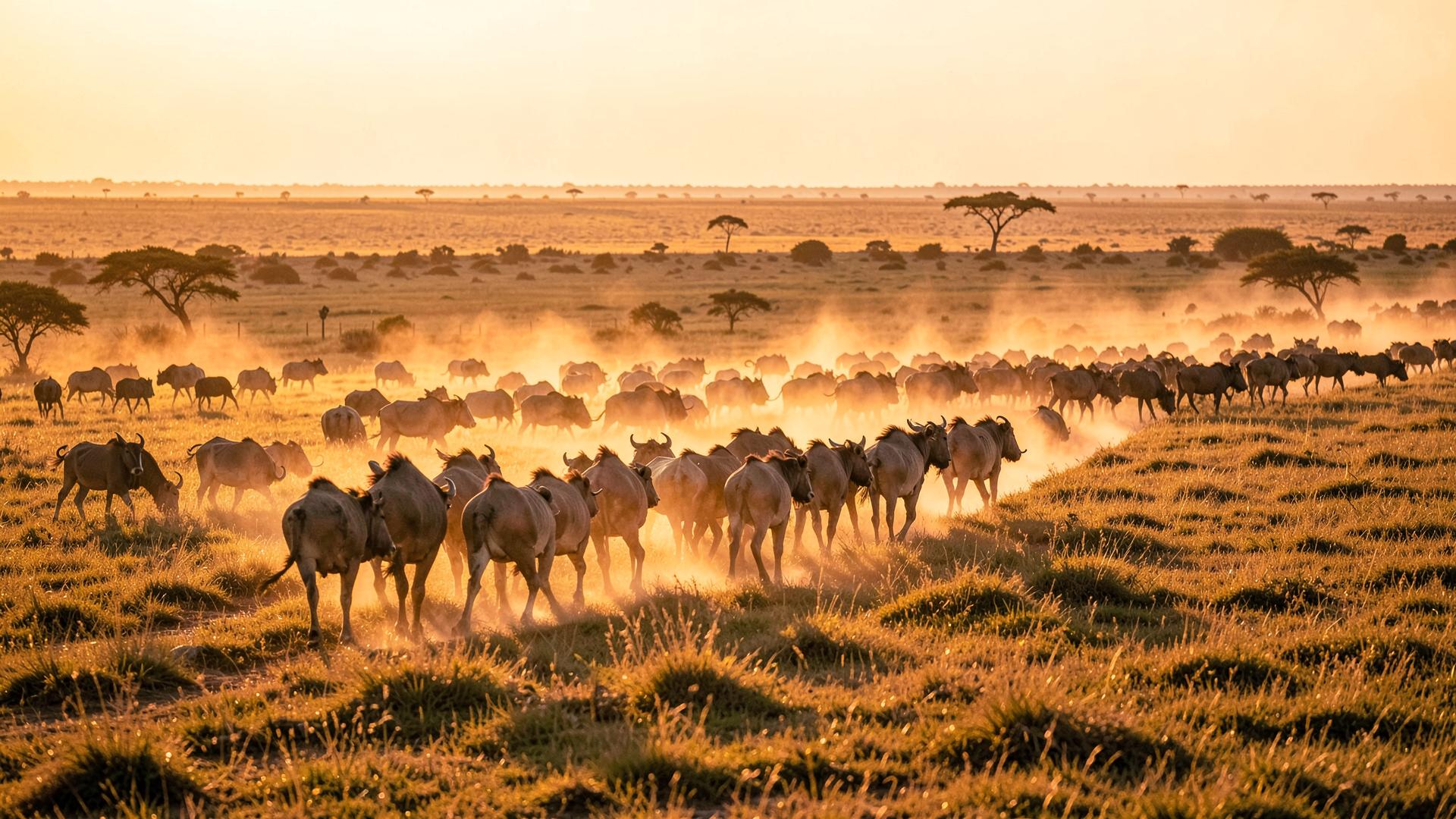 Wildebeest moving across the Serengeti plains at sunrise