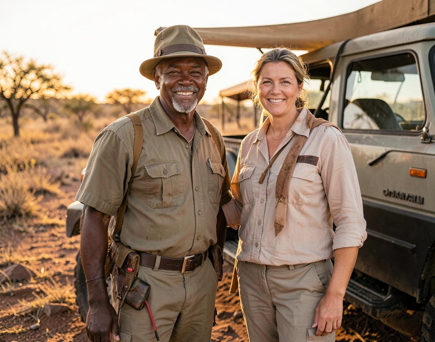 A Tanzanian safari professional and a European travel designer beside a safari vehicle